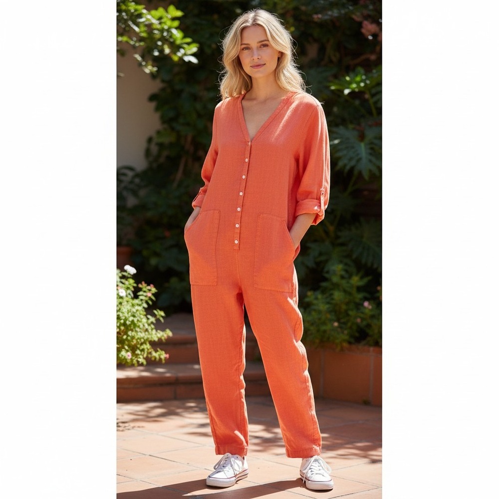 Outerknown Womens SEA Suit 100% Linen Jumpsuit Coral Orange Button Front Medium